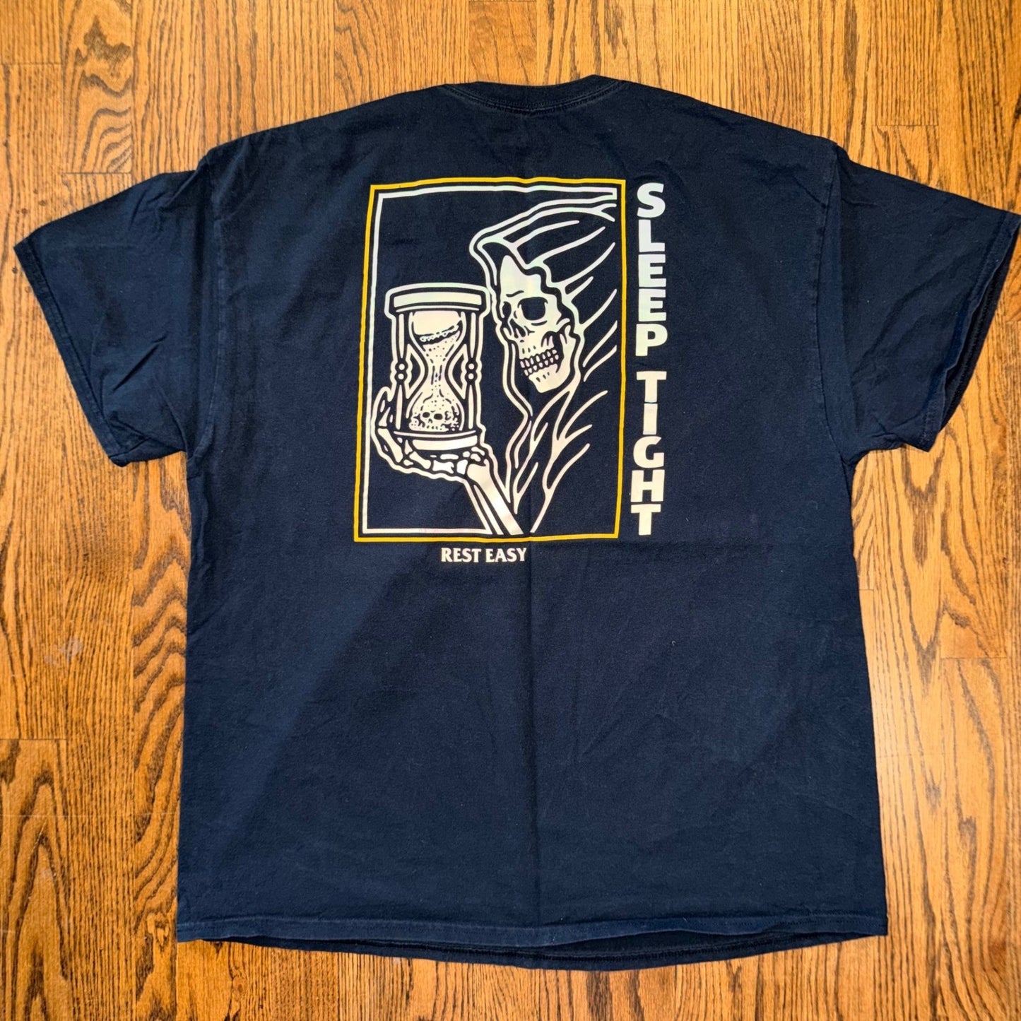 Rest Easy Sleep Tight Grim Reaper Graphic T-Shirt XL Black Cotton