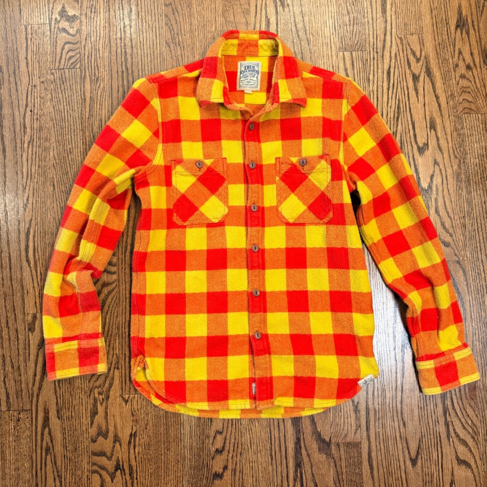 True Religion Buffalo Plaid Flannel Shirt Herringbone Button Down Small Orange