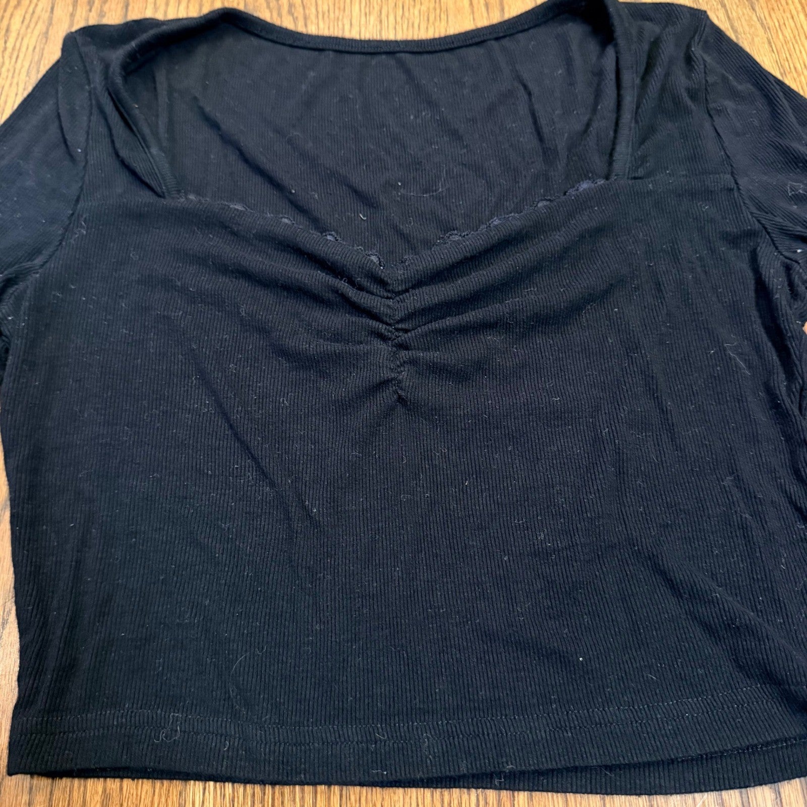 Unbranded Ribbed Long Sleeve Crop Top Sweetheart Neck Cinched Black S