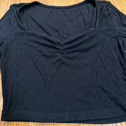 Unbranded Ribbed Long Sleeve Crop Top Sweetheart Neck Cinched Black S