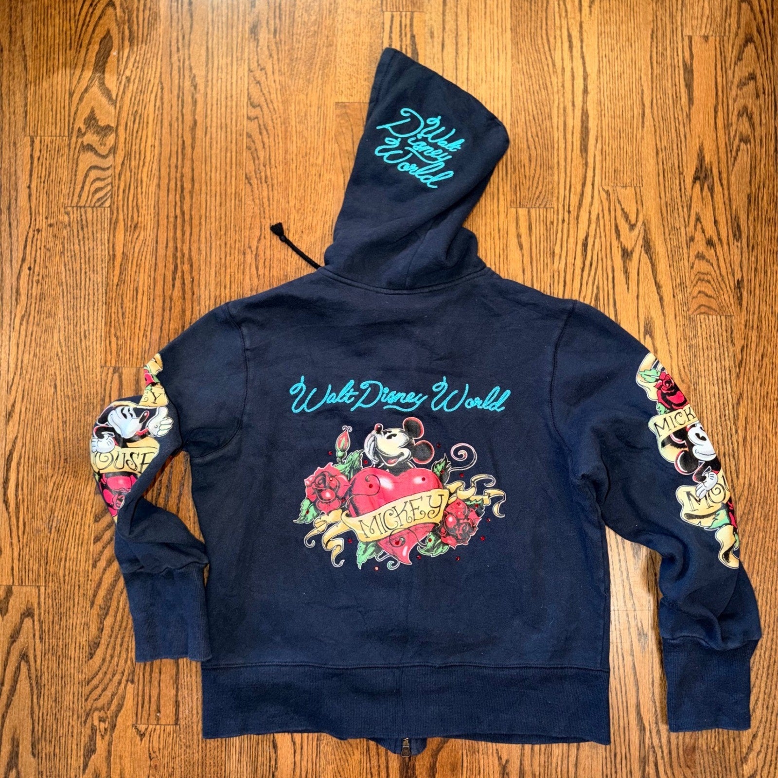 Disney Mickey Mouse Tattoo Rose Zip Hoodie XL Kids Fits Adult Small Navy