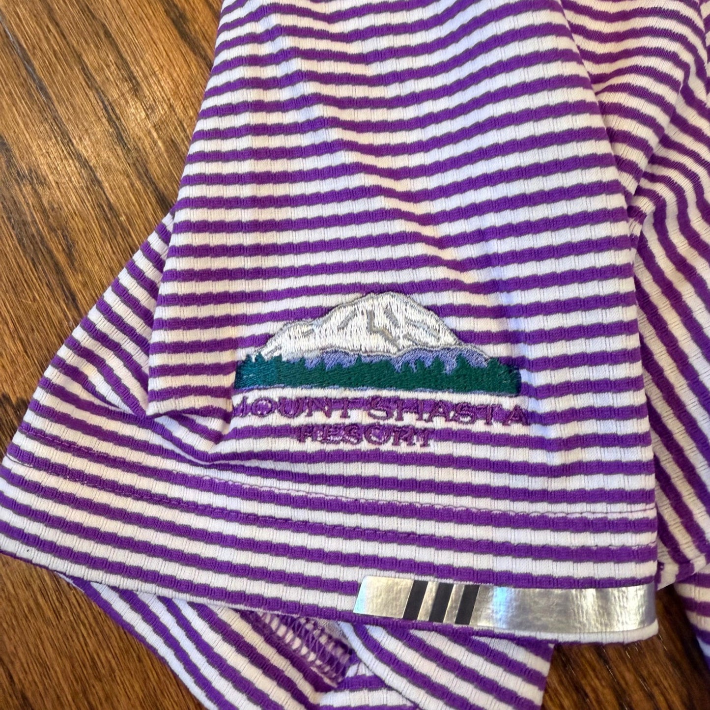 Adidas Climachill Golf Polo Shirt Mount Shasta Resort XL Purple White Stripe