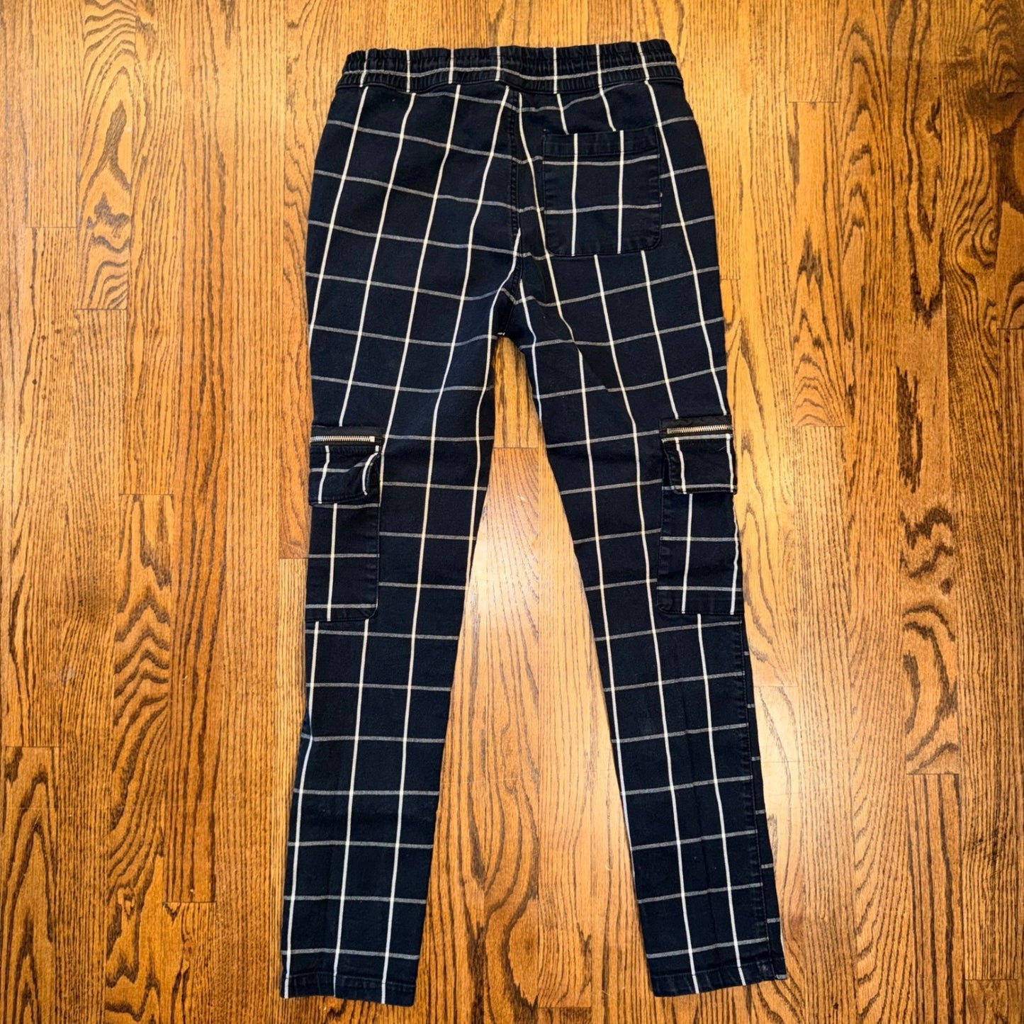 Hot Topic Grid Print Cargo Pants Slim Jogger Multi-Pocket Size M Black White