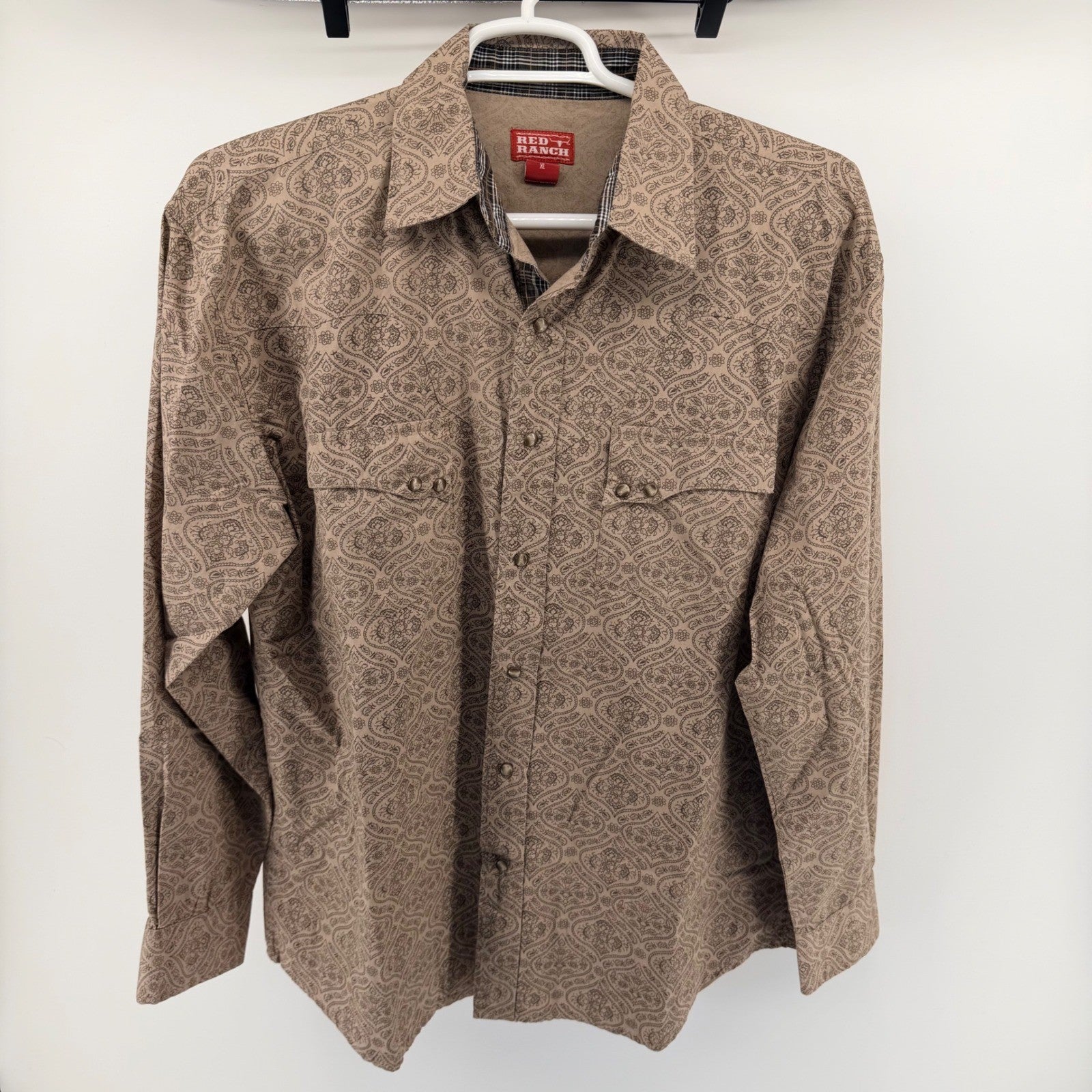 Red Ranch Western Pearl Snap Shirt Paisley Print Cotton Cowboy XL Tan Brown