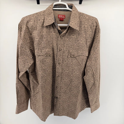Red Ranch Western Pearl Snap Shirt Paisley Print Cotton Cowboy XL Tan Brown