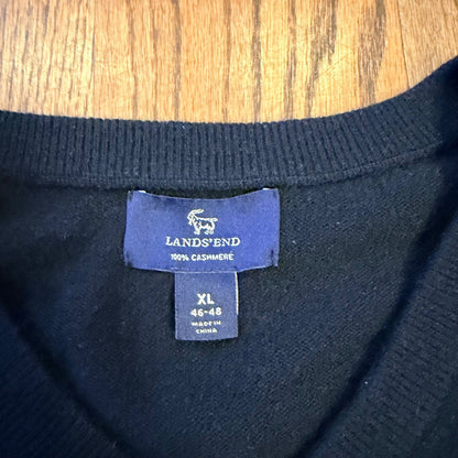 Lands' End 100% Cashmere V-Neck Sweater Black XL 46-48 Soft Warm