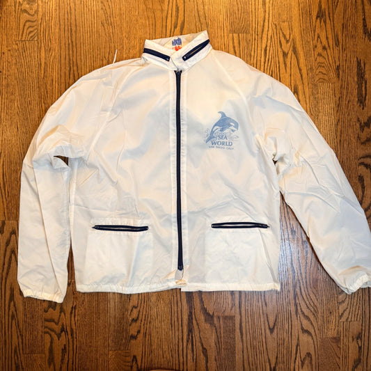 Vintage Sea World San Diego Windbreaker Jacket Hideaway Hood Size M White