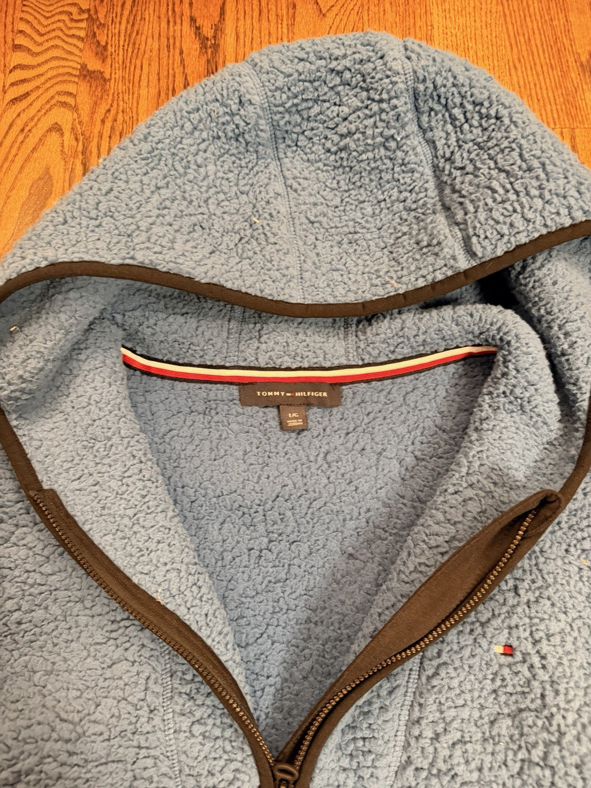 Tommy Hilfiger Fluffy Hooded Sherpa Fleece 1/4 Zip Jacket Pullover Large Blue