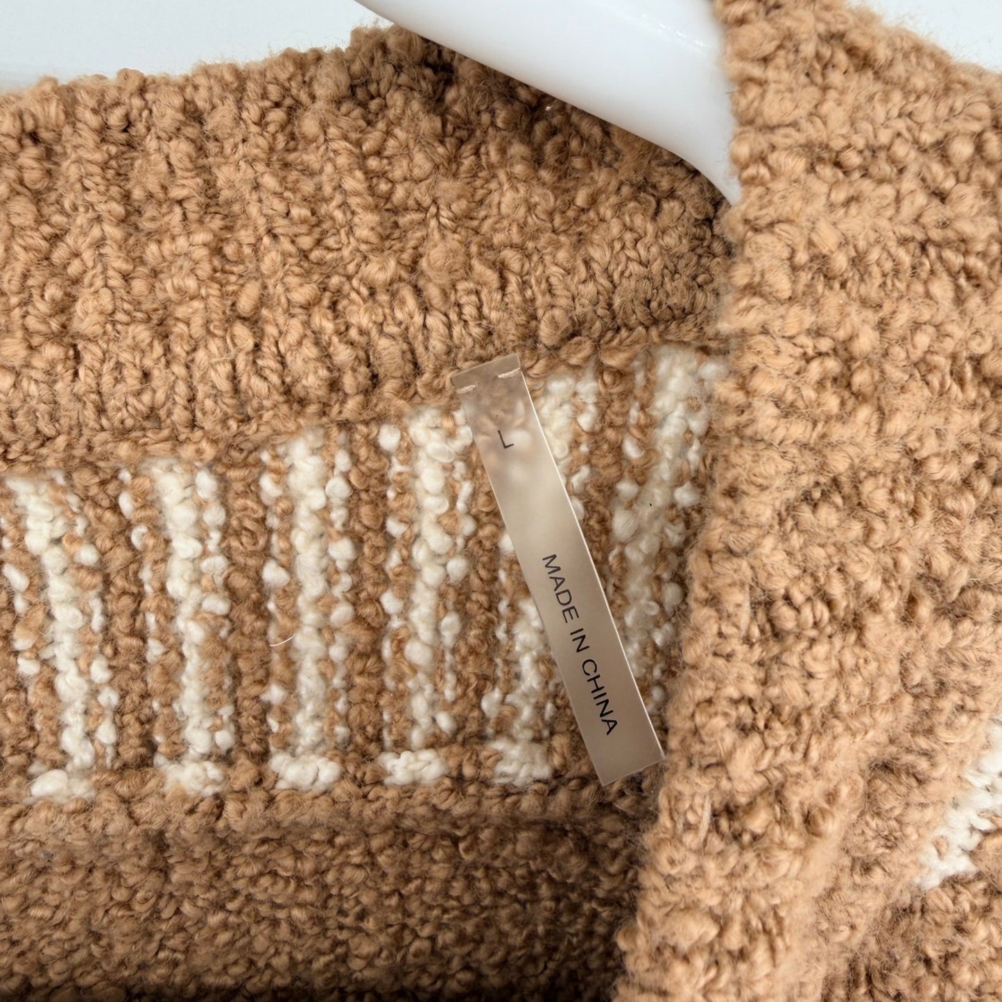Margaret O'Leary Striped Raglan Boucle Knit Sweater Large Brown Cream Neutral
