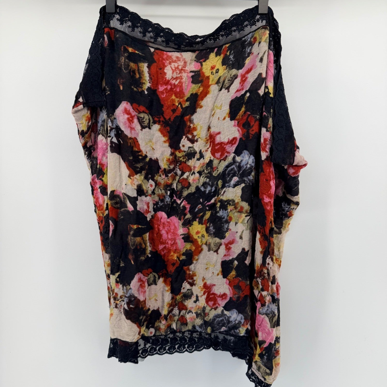 Kimchi Blue Floral Infinity Scarf Black Lace Trim Boho Watercolor Pink Red OS