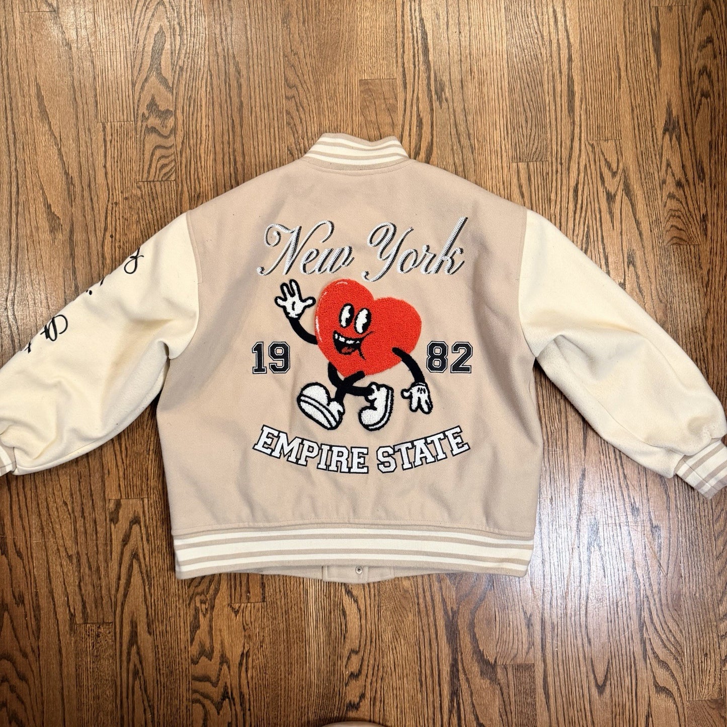 New York 1982 Empire State Varsity Bomber Jacket - Forever 21 - Tan - Size XS