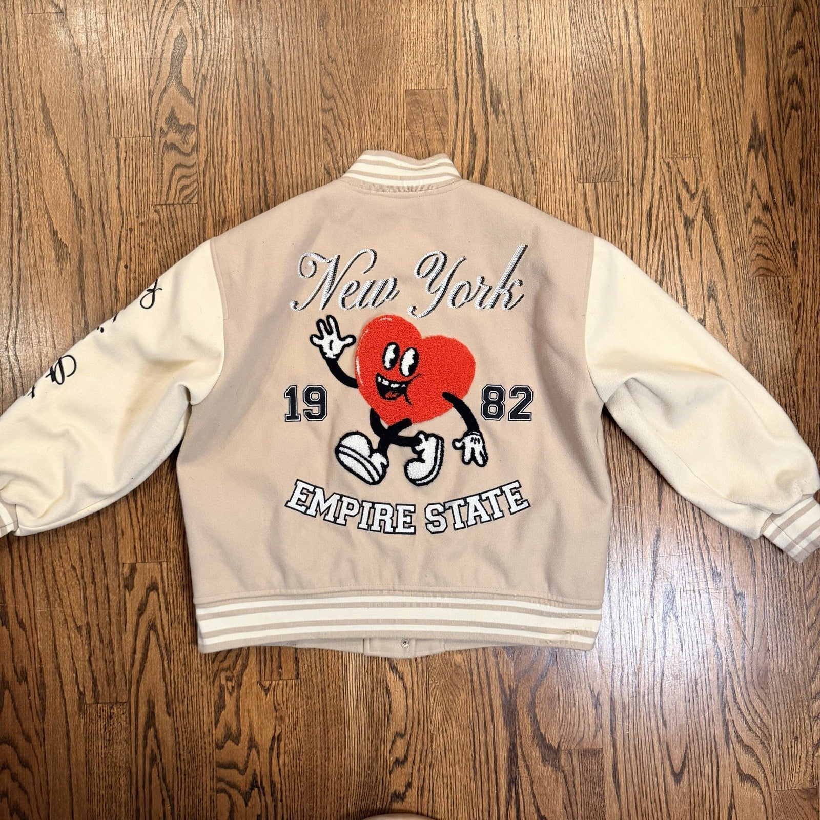 New York 1982 Empire State Varsity Bomber Jacket - Forever 21 - Tan - Size XS