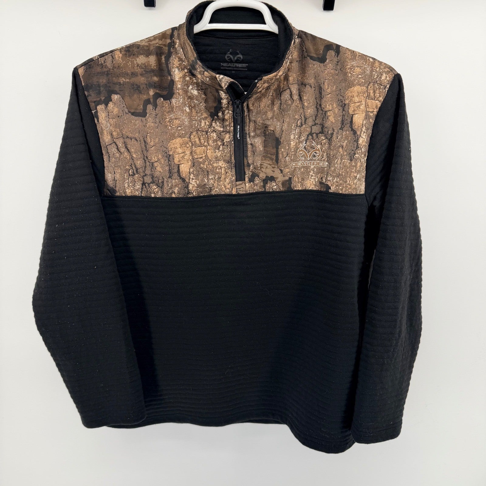 Realtree Timber Quarter Zip Pullover Camo Hybrid Performance Shirt L Black