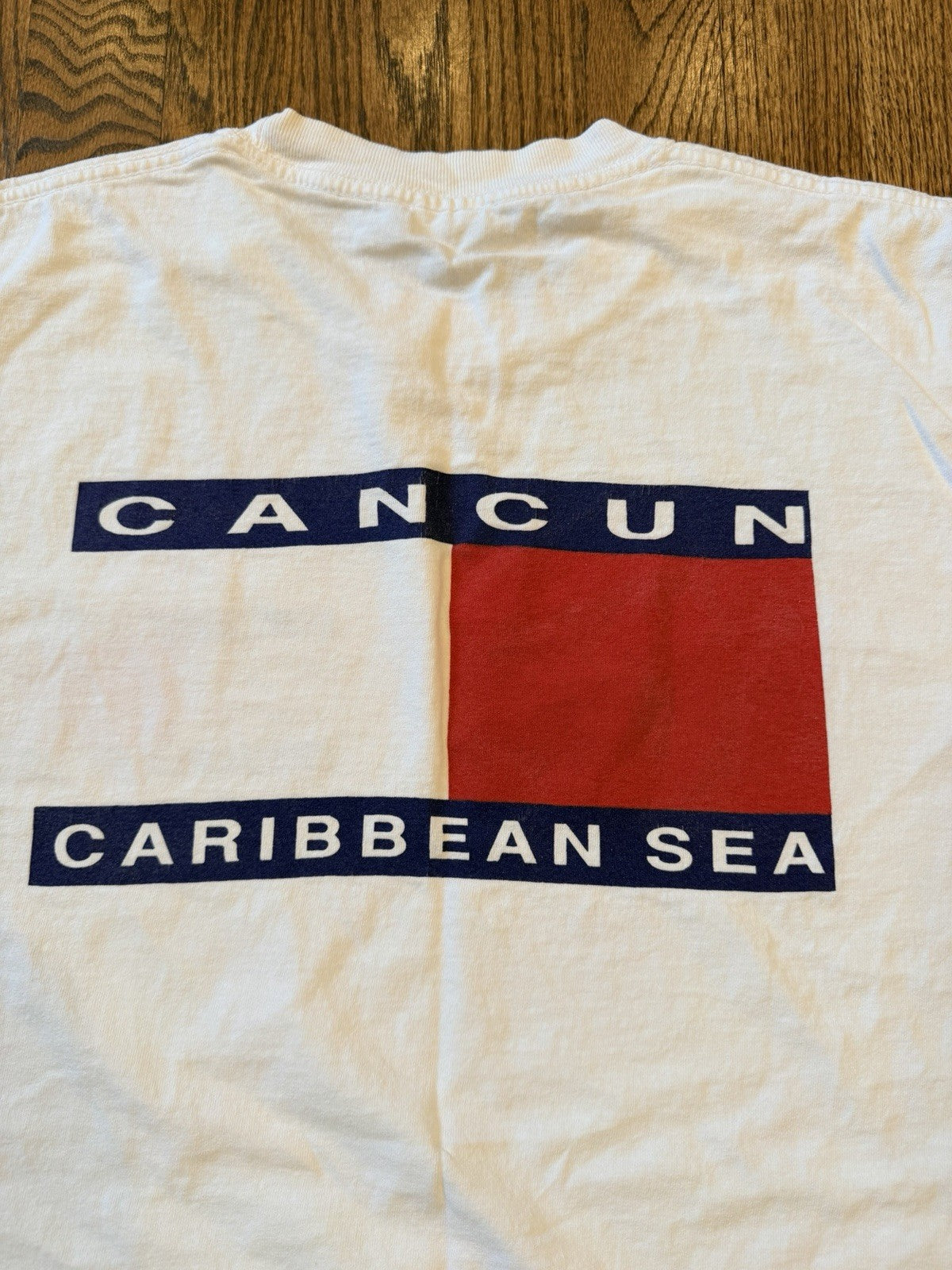 Vtg 90s Cancun Caribbean Sea Tommy Flag White Vacation T-shirt Sz L