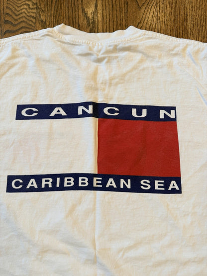 Vtg 90s Cancun Caribbean Sea Tommy Flag White Vacation T-shirt Sz L