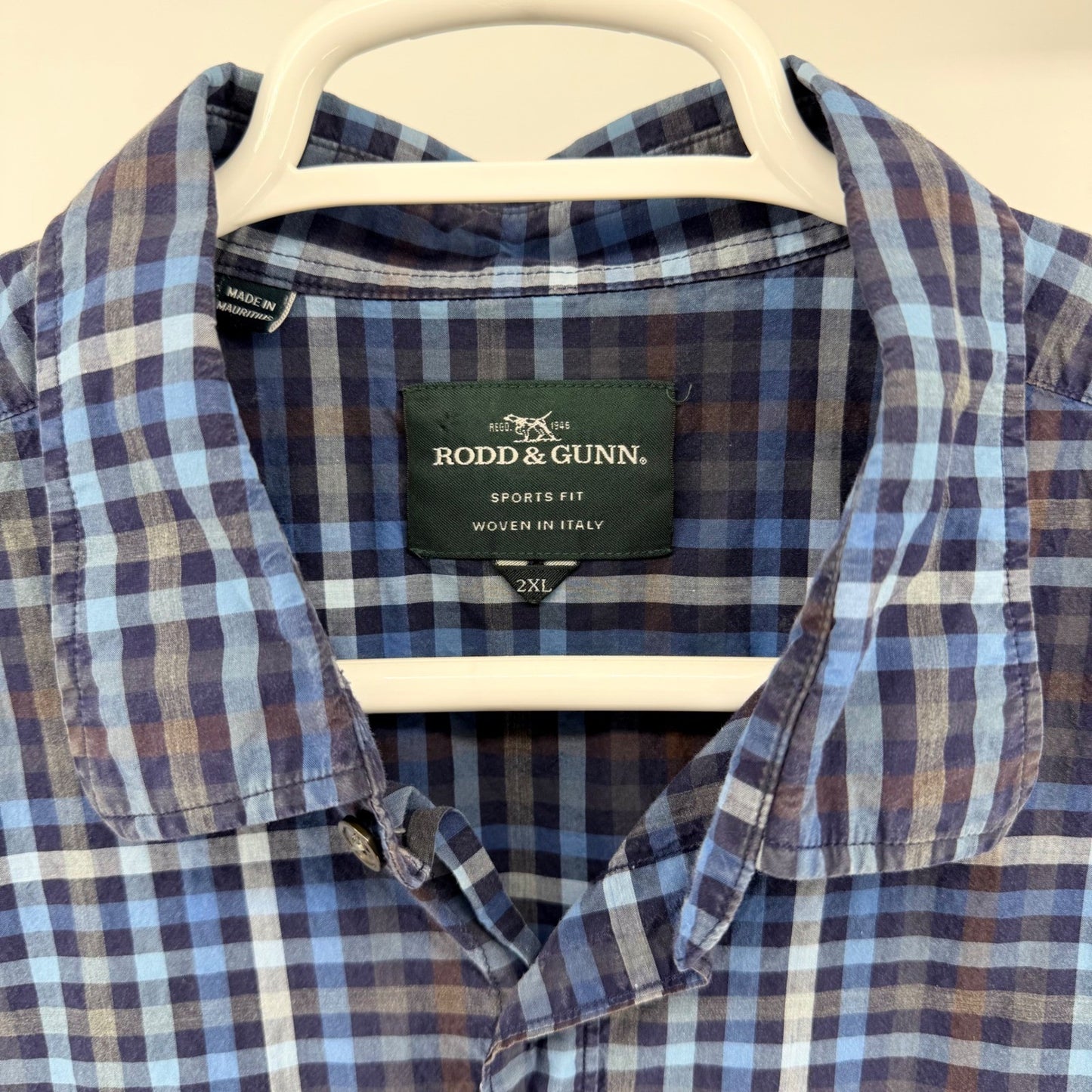 Rodd & Gunn Sports Fit Plaid Button Down Shirt Albini Italian Cotton 2XL Blue