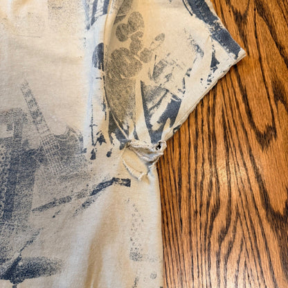 Yazbek Heavyweight All Over Print Music Instrument T-Shirt Size L Tan Distressed