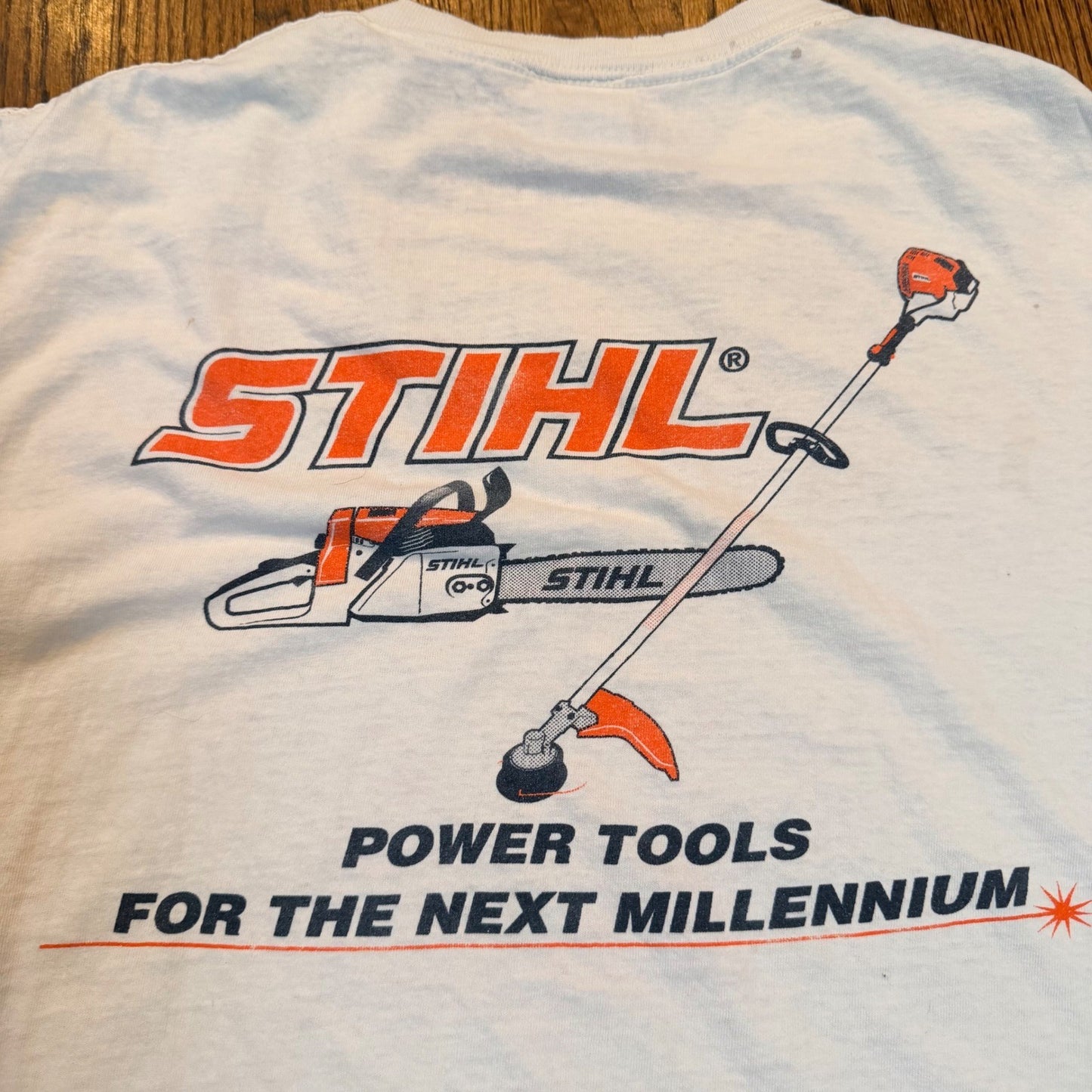 Vintage Stihl Power Tool Graphic T Heavy Distressed White Large Delta Pro Weight