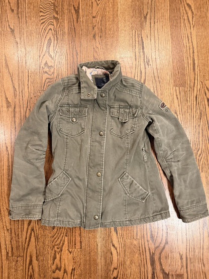 Buffalo Womens Outerwear Green/Grey Parka Denim Jacket Zip Off Hat Size XS