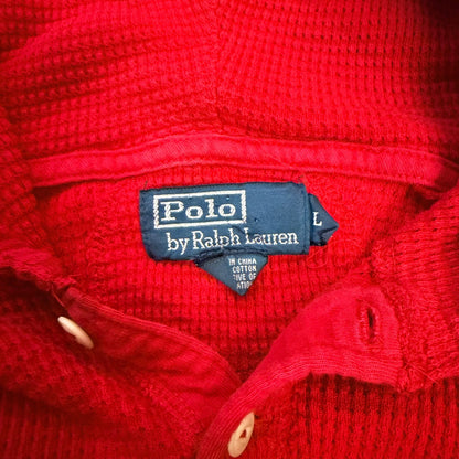 Polo Ralph Lauren Waffle Knit Thermal Henley Hoodie Red Kids Size L Preppy