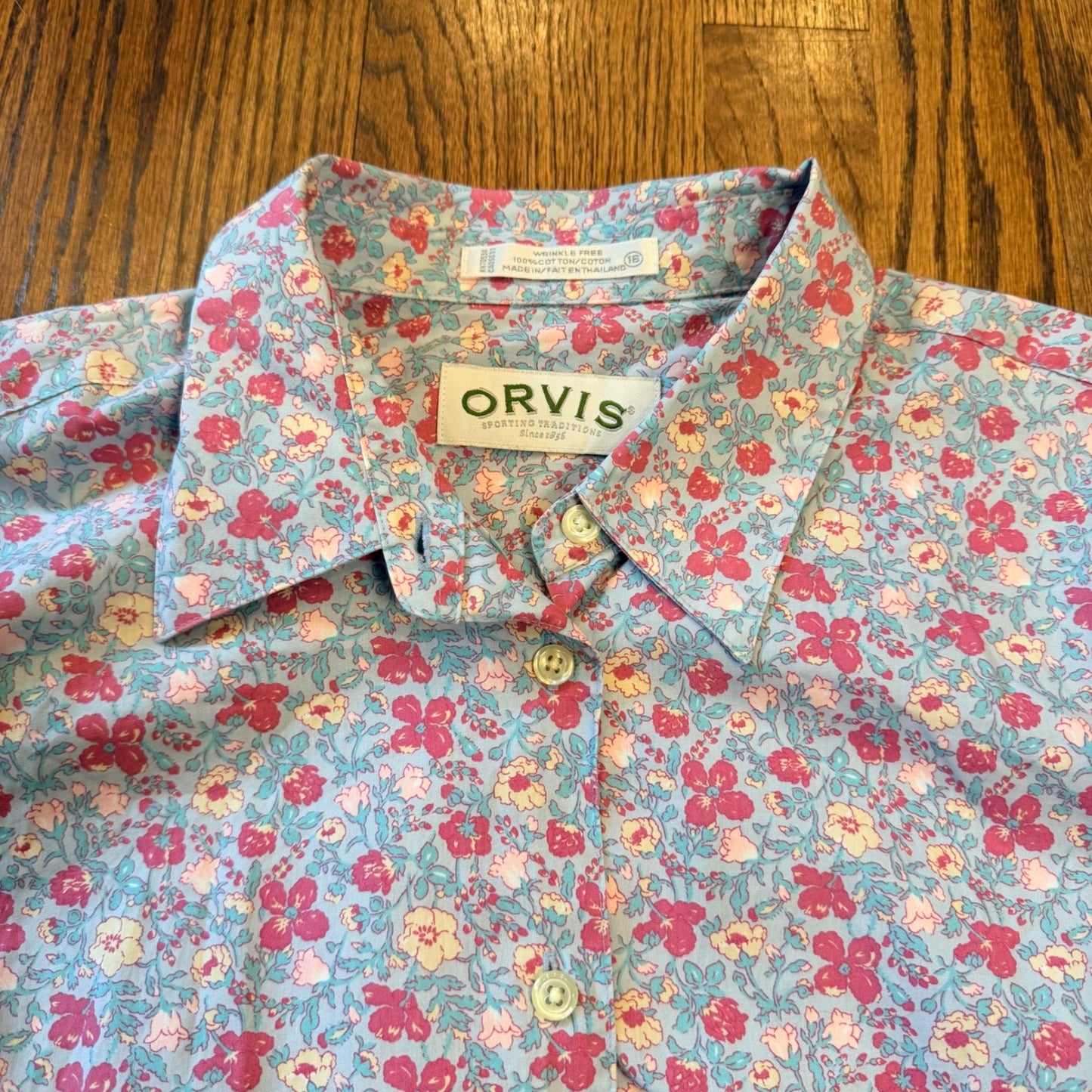 Orvis Wrinkle Free Floral Button Down Shirt Size 16 Blue Pink Cotton Spring