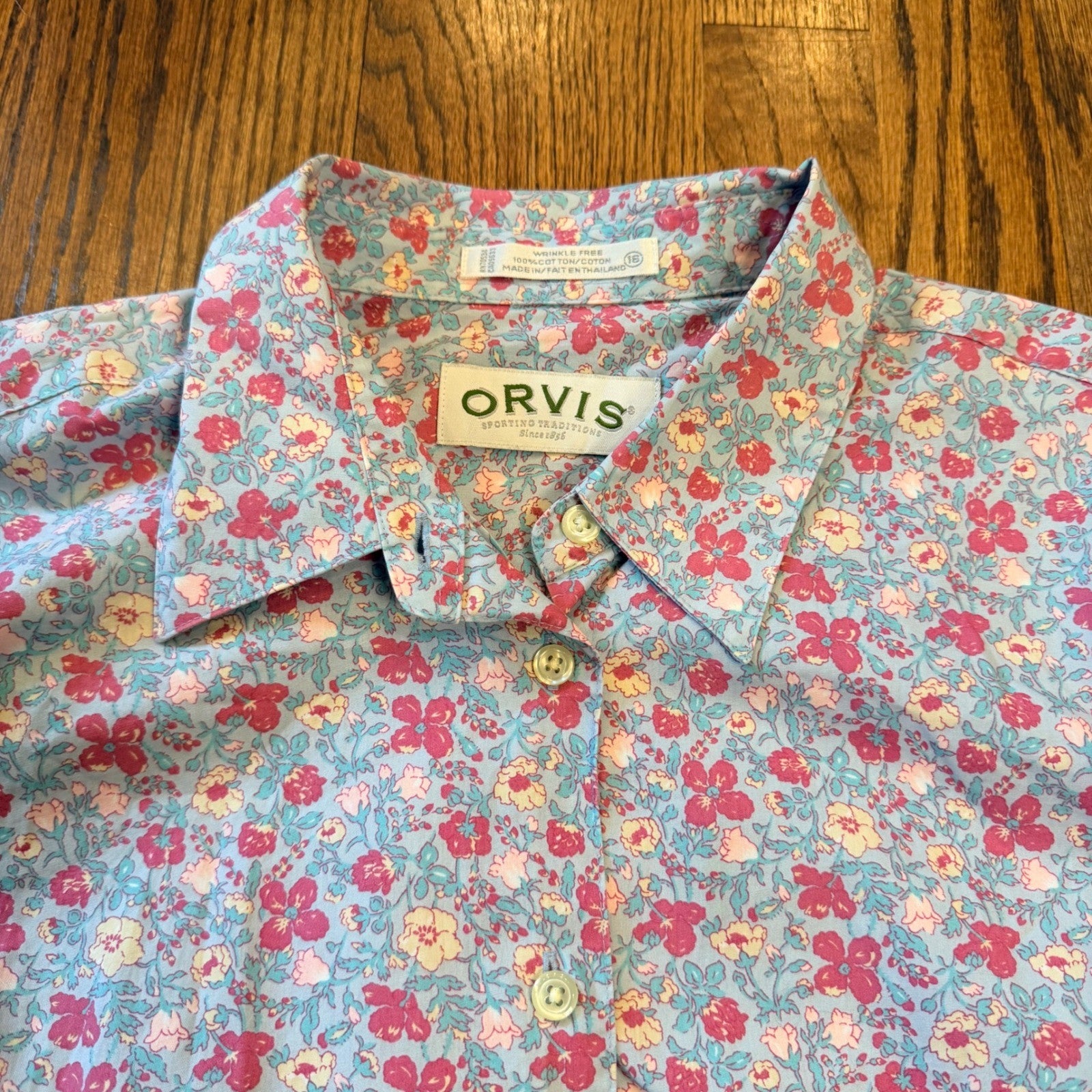 Orvis Wrinkle Free Floral Button Down Shirt Size 16 Blue Pink Cotton Spring