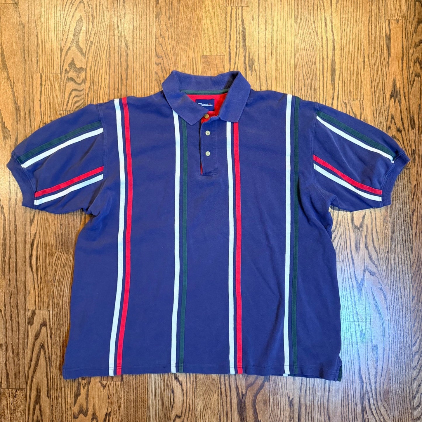 Catalina Striped Pique Polo Shirt Mens Large Navy Blue Red White Green Vintage