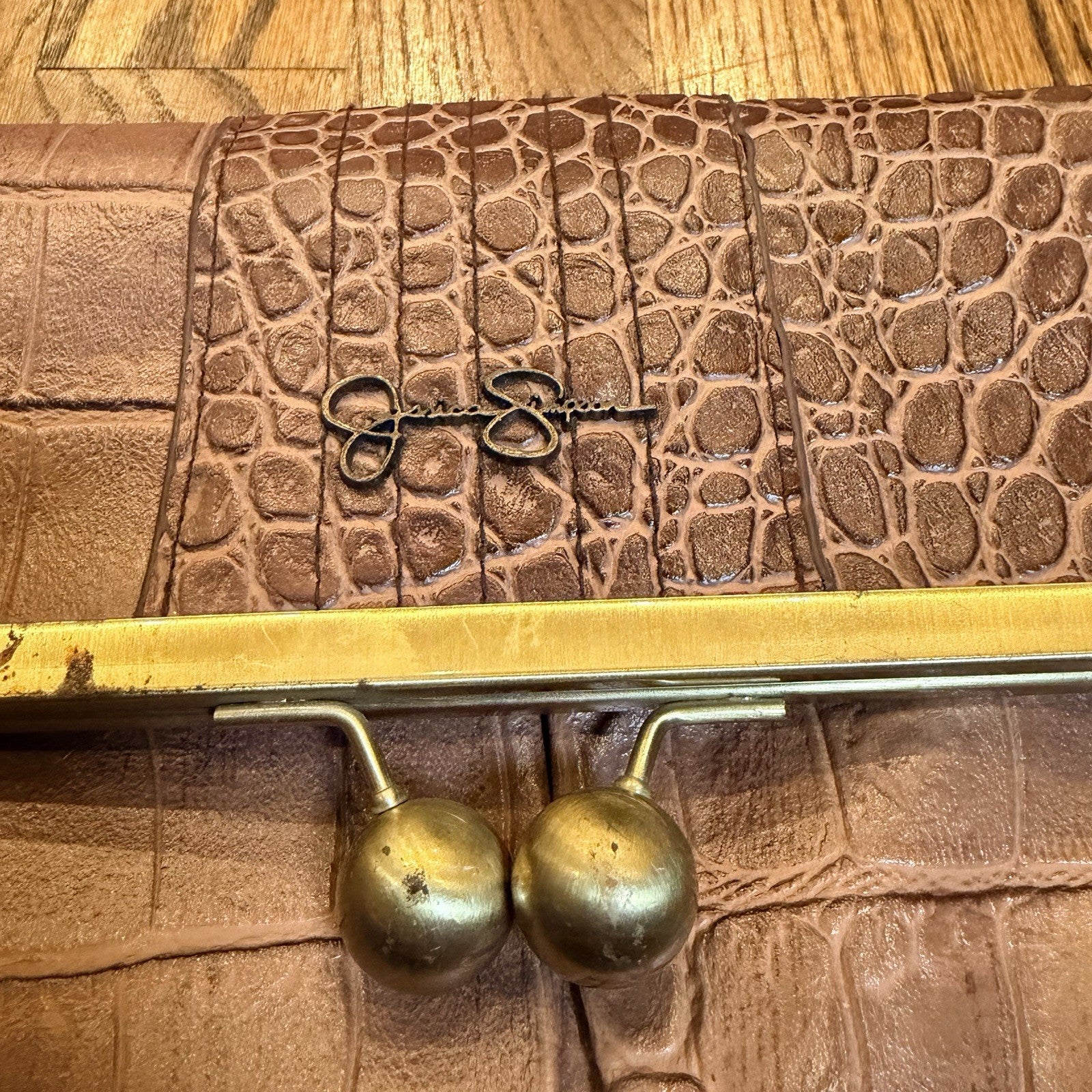 Jessica Simpson Brown Croc Bag Purse Clasp Snap Over Clutch Logo