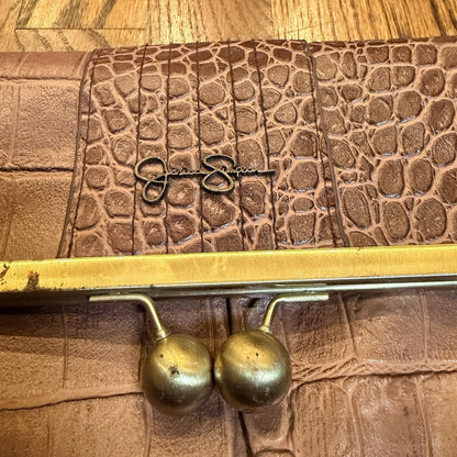 Jessica Simpson Brown Croc Bag Purse Clasp Snap Over Clutch Logo