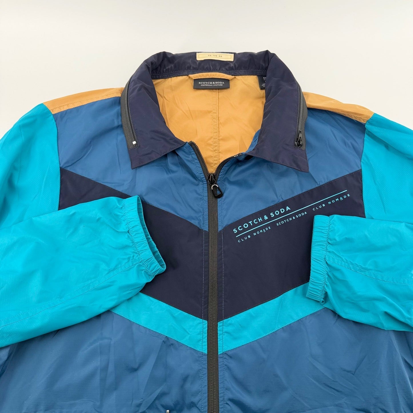 Scotch & Soda Club Nomade Colorblock Windbreaker Jacket Medium Teal Navy Tan