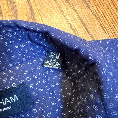 Nick Graham Stretch Modern Fit Button Down Shirt Large Navy Blue Micro Print