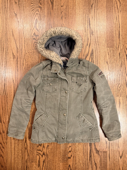 Buffalo Womens Outerwear Green/Grey Parka Denim Jacket Zip Off Hat Size XS