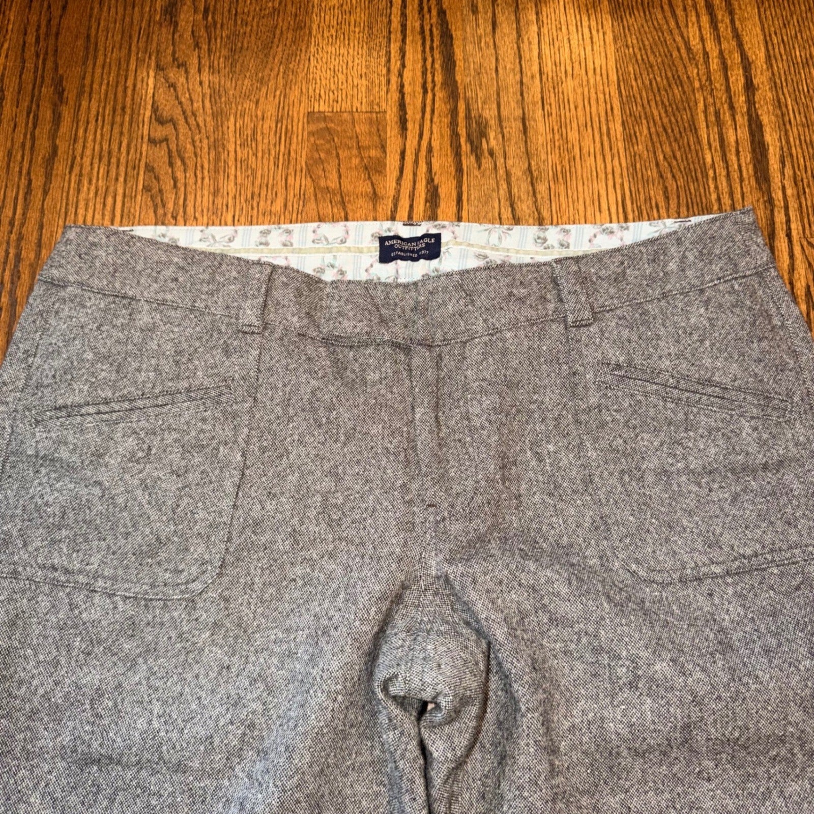 American Eagle Wool Blend Tweed Wide Leg Trousers Sz 14 Gray Herringbone Preppy