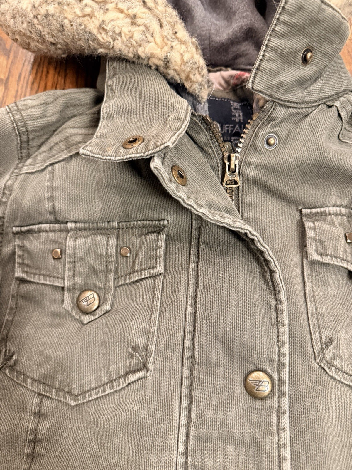Buffalo Womens Outerwear Green/Grey Parka Denim Jacket Zip Off Hat Size XS