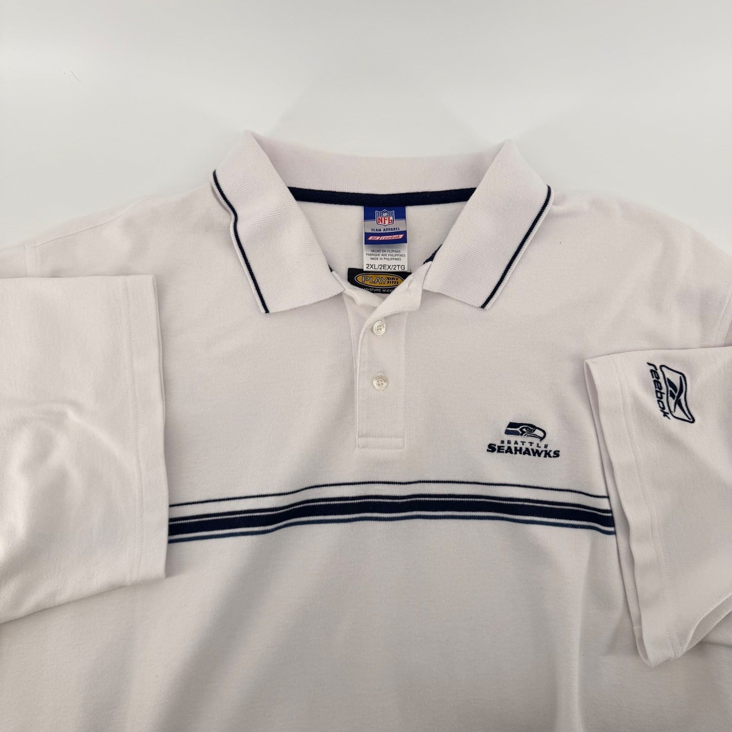 Vintage Reebok Seattle Seahawks NFL Polo Shirt PlayDry Striped White 2XL Mens
