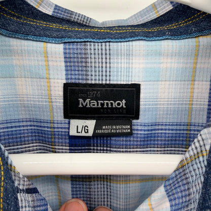 Marmot Plaid Short Sleeve Button Down Shirt Hiking Outdoor Large Blue White