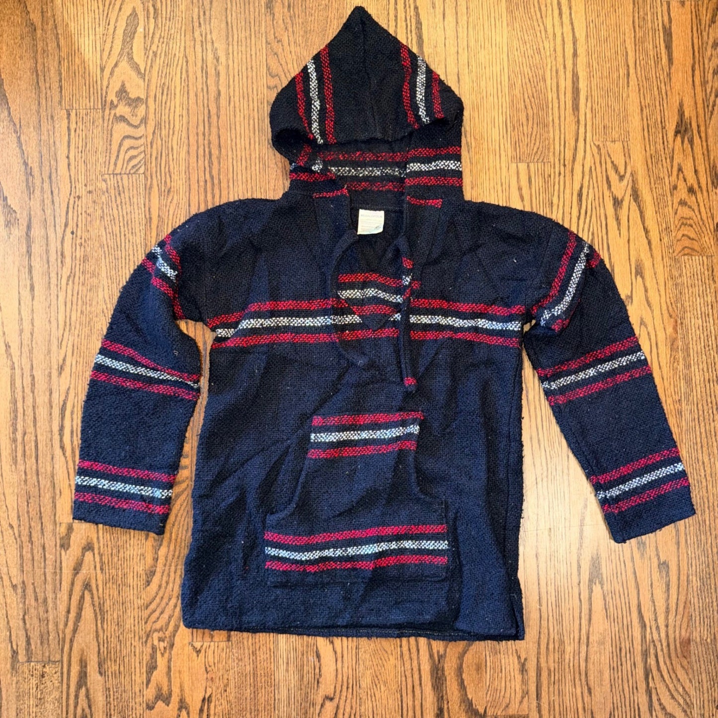 Megalopolis Baja Hoodie Mexican Jerga Striped Pullover Small Black Red Beach