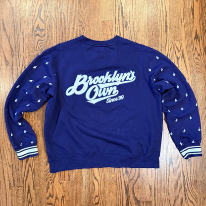 Rocawear Brooklyn's Own All Over Print Sweatshirt Large Navy Blue Crewneck NYC