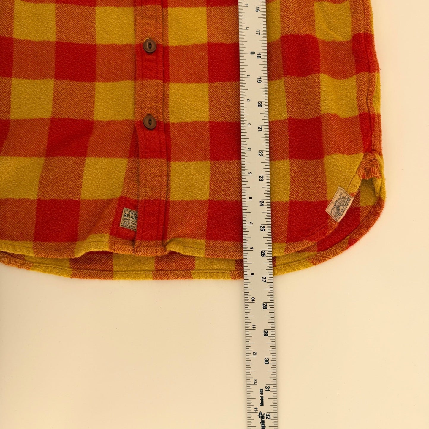 True Religion Plaid Flannel Button Down Shirt Orange Yellow Check Small Layering