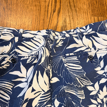 Island Shores Linen Blend Tropical Leaf Print Shorts Size 36 Blue White Aloha