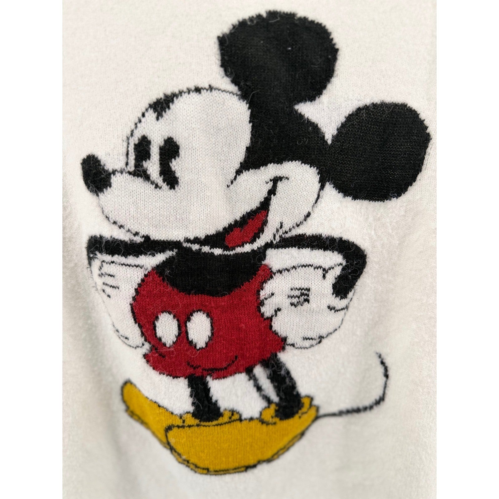 Disney Mickey Mouse Graphic Knit Crewneck Sweater Relaxed Fit Large White Poly