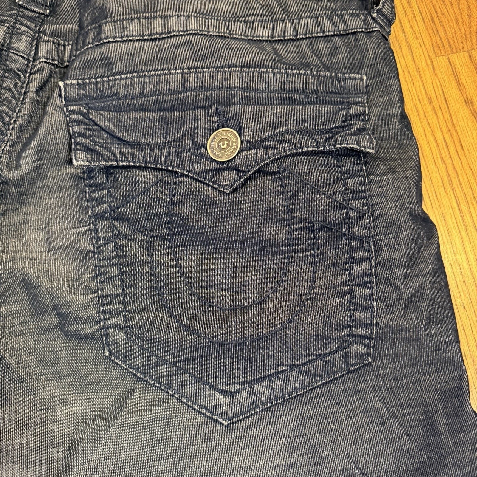 True Religion Ricky Relaxed Straight Cord Pants 36 Blue Horseshoe Flap Pocket