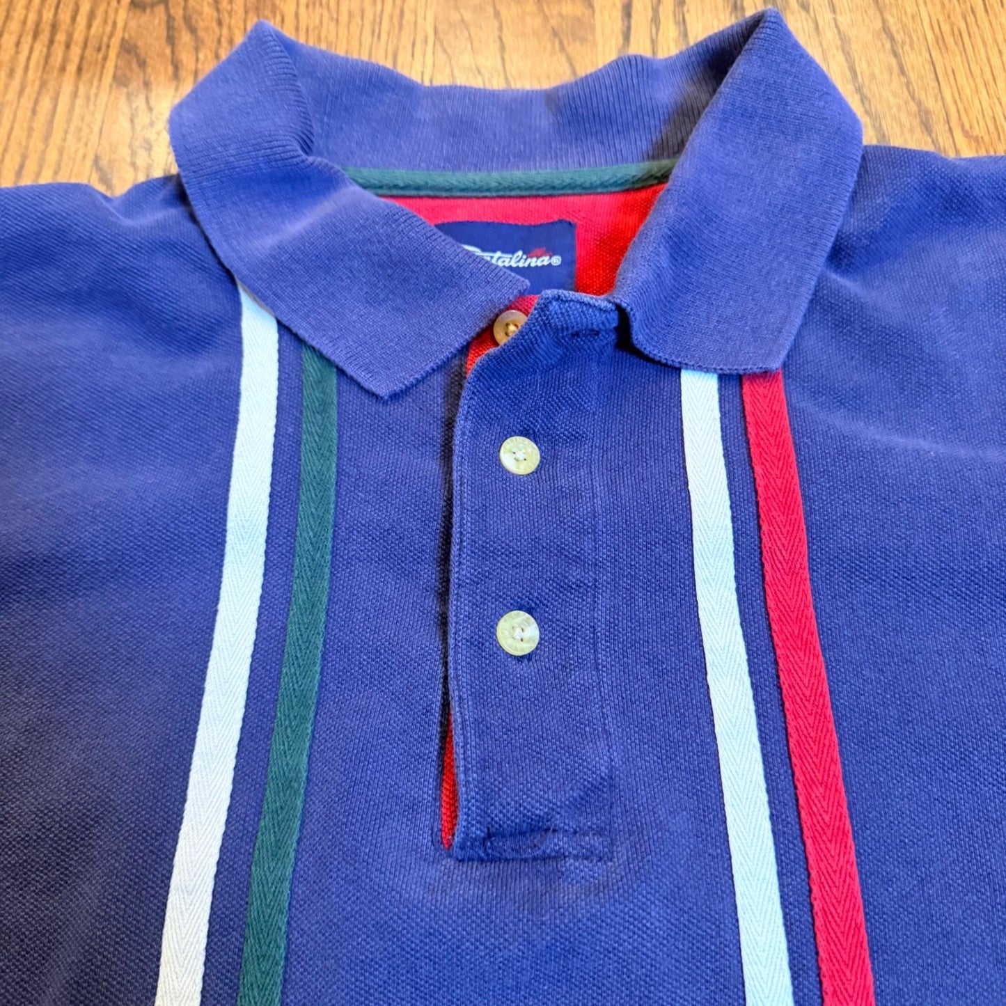 Catalina Striped Pique Polo Shirt Mens Large Navy Blue Red White Green Vintage