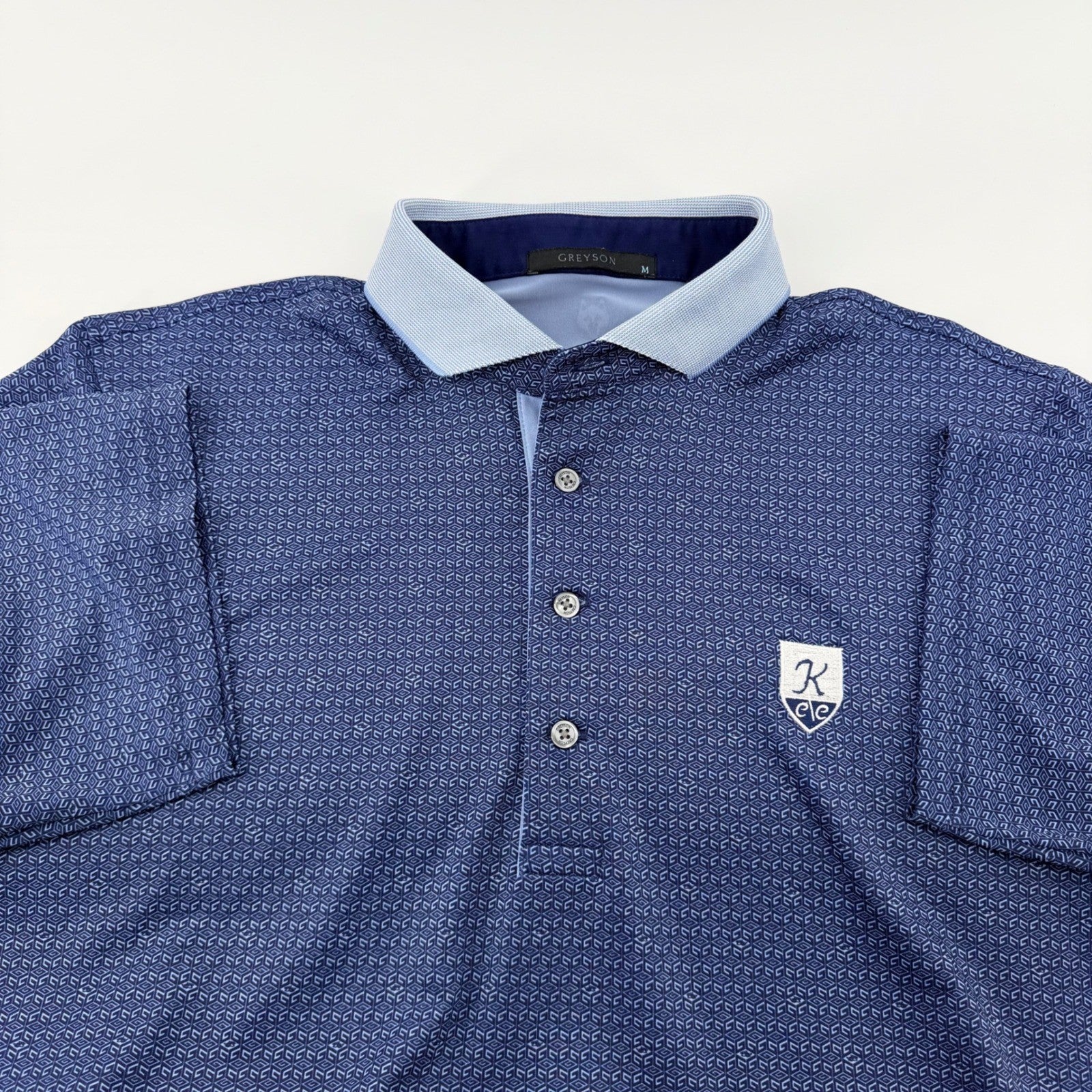 Greyson Geometric Print Performance Golf Polo Shirt Crest Logo Navy Blue M
