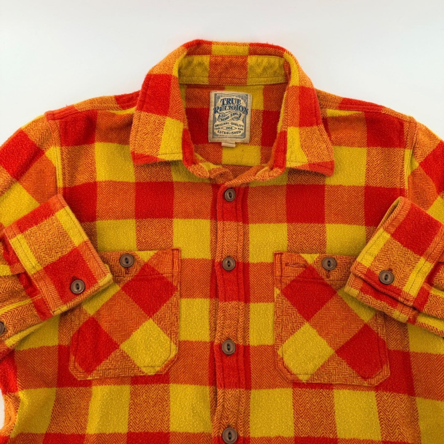 True Religion Plaid Flannel Button Down Shirt Orange Yellow Check Small Layering