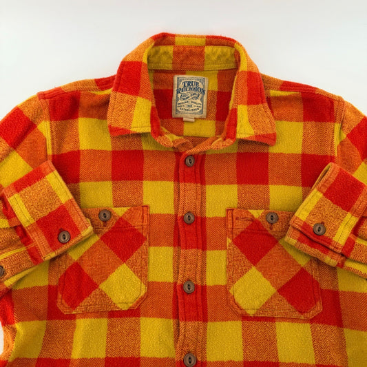 True Religion Plaid Flannel Button Down Shirt Orange Yellow Check Small Layering