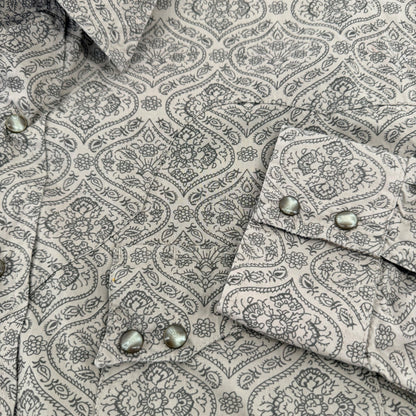 Red Ranch Western Pearl Snap Shirt Paisley Print Cotton Cowboy XL Tan Brown