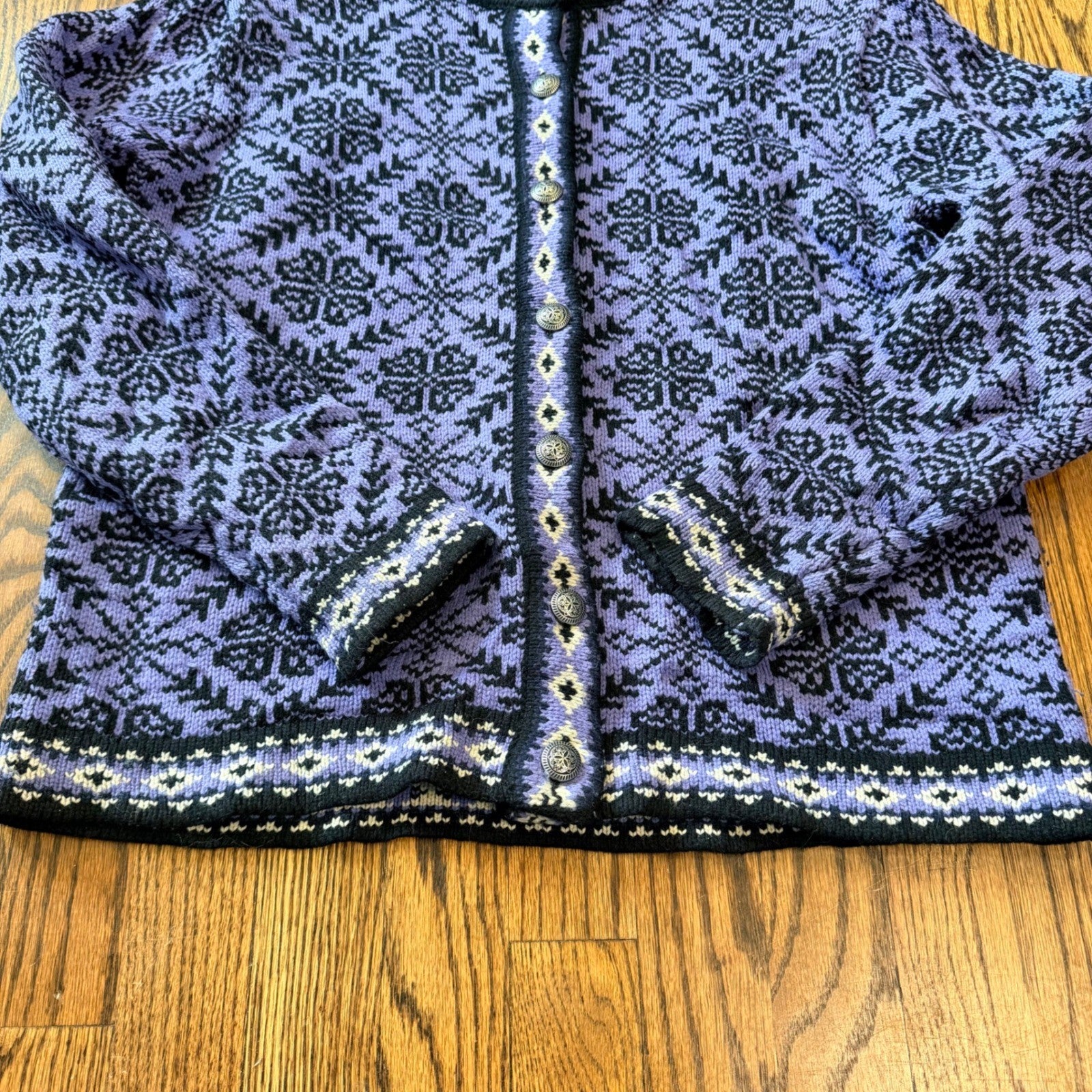 L.L. Bean Merino Wool Nordic Cardigan Fair Isle Snowflake Medium Purple Black