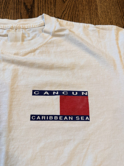 Vtg 90s Cancun Caribbean Sea Tommy Flag White Vacation T-shirt Sz L