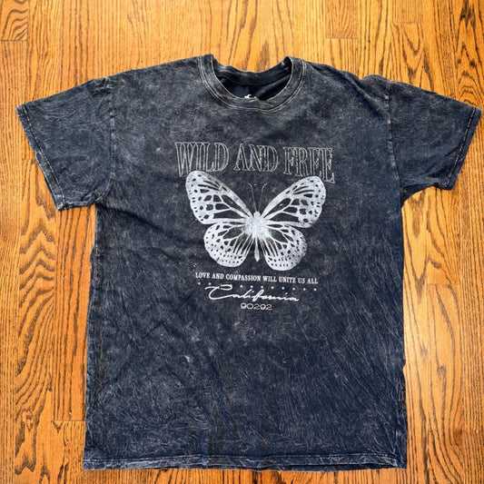 Hollister California Butterfly Graphic T-Shirt Acid Wash Medium Grey Baggy 80s